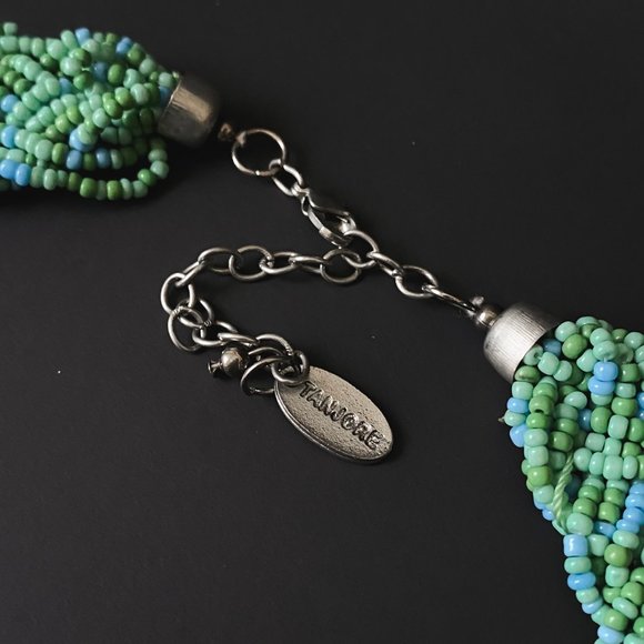 Tanjore India SignedTurquoise Blue Green Woven Seed Bead Collar Bib Necklace - Picture 10 of 12